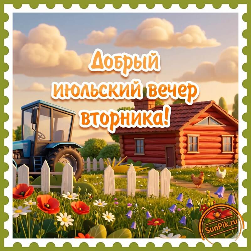 Картинка добрый июльский вечер вторника с деревенским пейзажем
