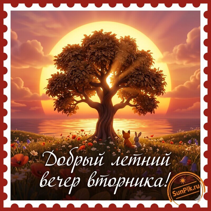 Картинка добрый летний вечер вторника с деревом на закате