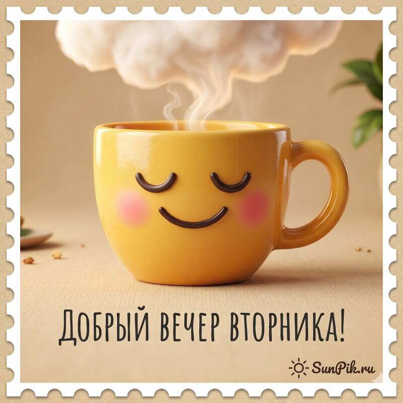Прикольная картинка добрый вечер вторника желтая чайная чашка улыбается