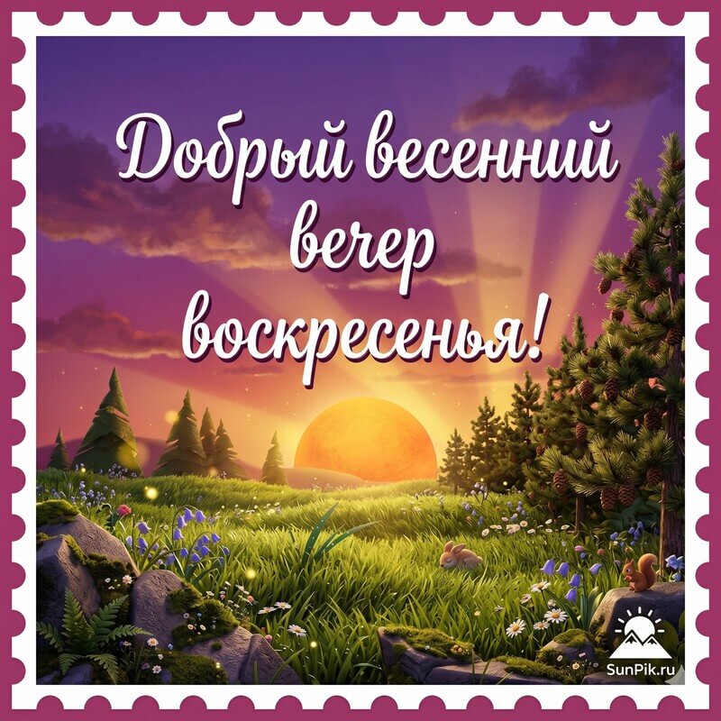 Картинка добрый весенний вечер воскресенья с закатом солнца в лесу