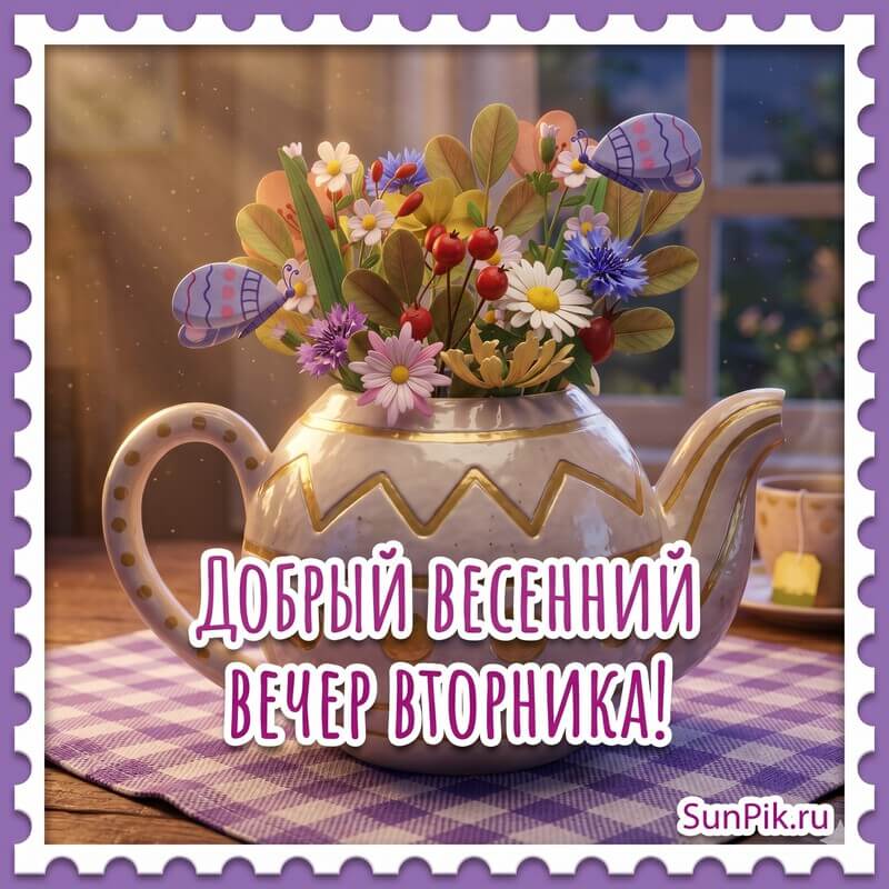 Картинка добрый весенний вечер вторника с чайником и цветами