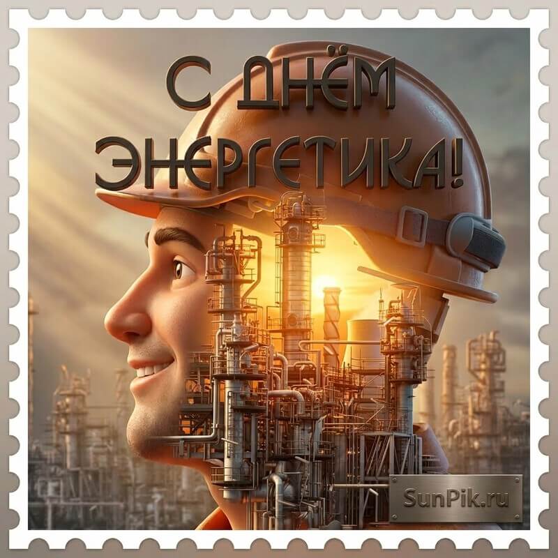 Открытка с днем энергетика с профилем головы мужчины в каске на фоне инженерного сооружения