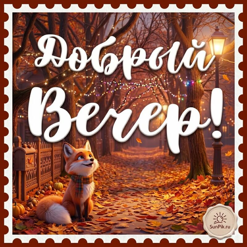 Картинка добрый вечер, осень с лисой на аллее с деревьями