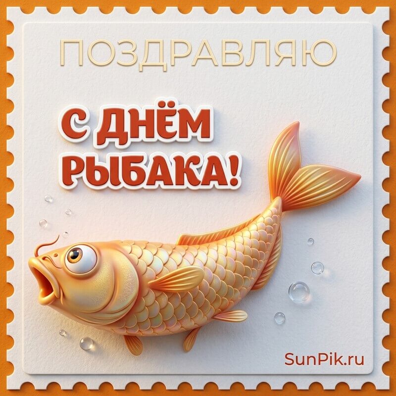 Открытка с золотой рыбкой и надписью поздравляю с днем рыбака!