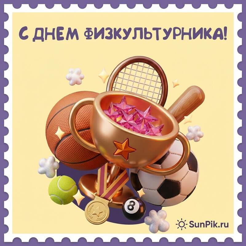 Открытка с днем физкультурника со спортивным кубком