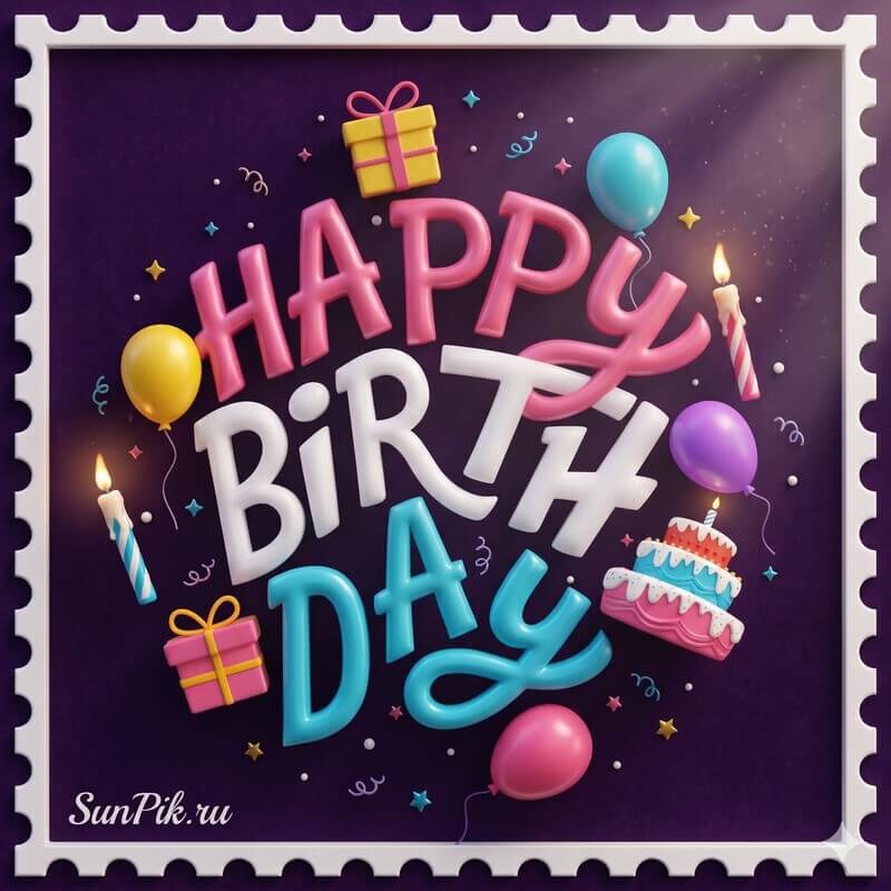 Фиолетовая открытка с надписью днем рождения на английском языке