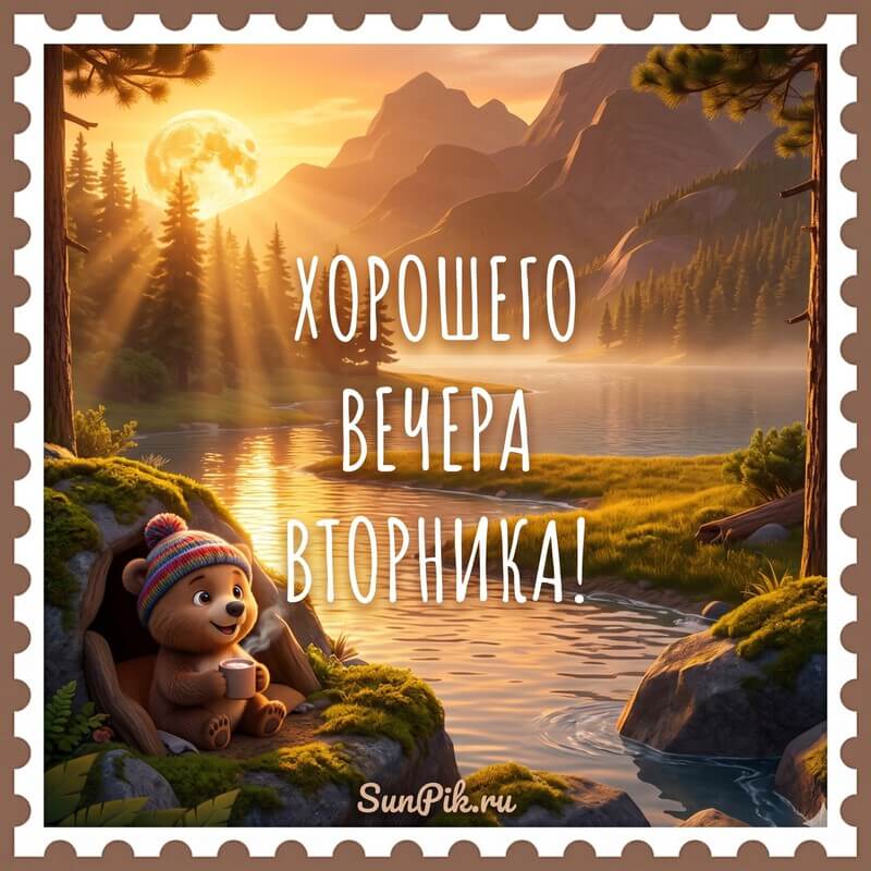 Картинка хорошего вечера вторника с пейзажем медвежонок у реки