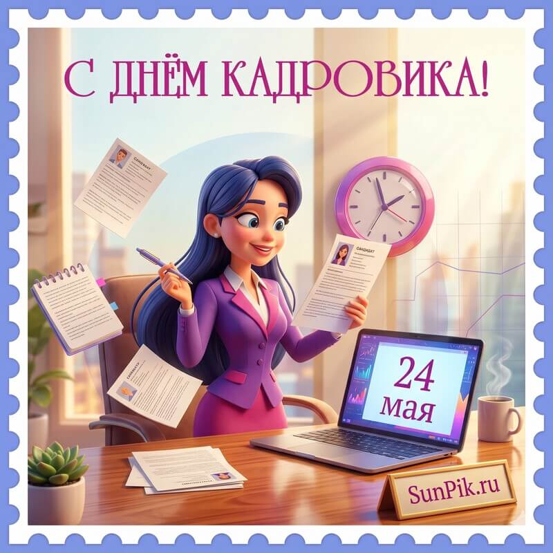 Голубая открытка с днем кадровика 24 мая с девушкой-эйчаром в офисе