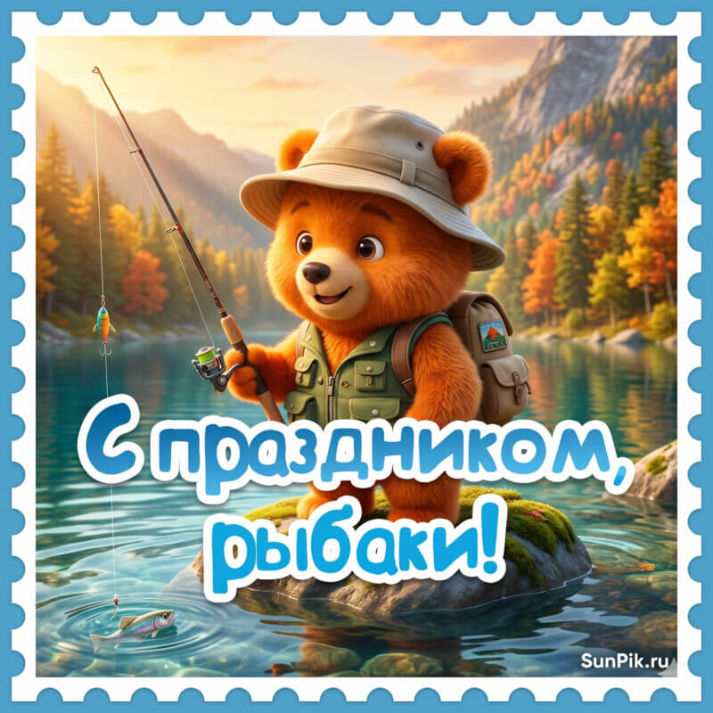Картинка медвежонок с удочкой на реке поздравляет с днем рыбака