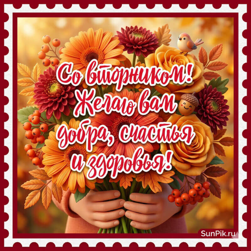 Картинка со вторником с цветами и пожеланиями добра, счастья, здоровья