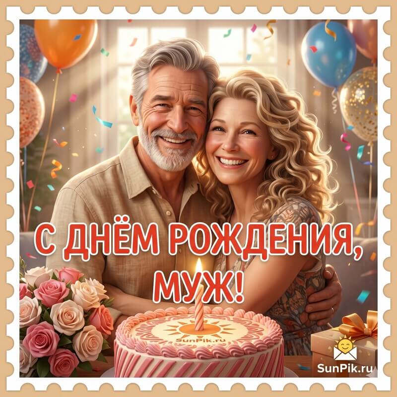 Красивая открытка с днем рождения муж с женой сидят возле праздничного торта