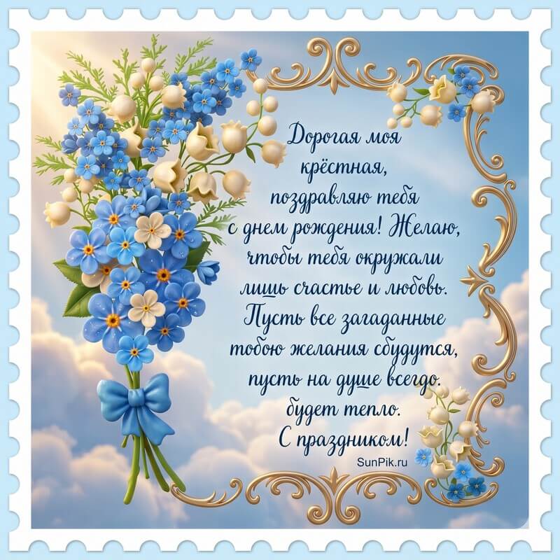 Голубая открытка с поздравлением с днем рождения крестной и букетом полевых цветов