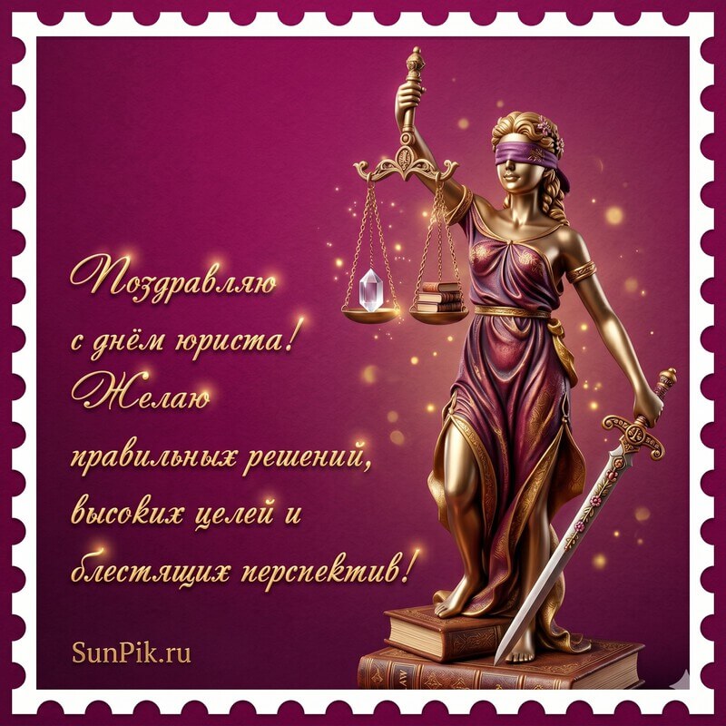 Открытка с днем юриста с текстом поздравления и фигурой Фемиды