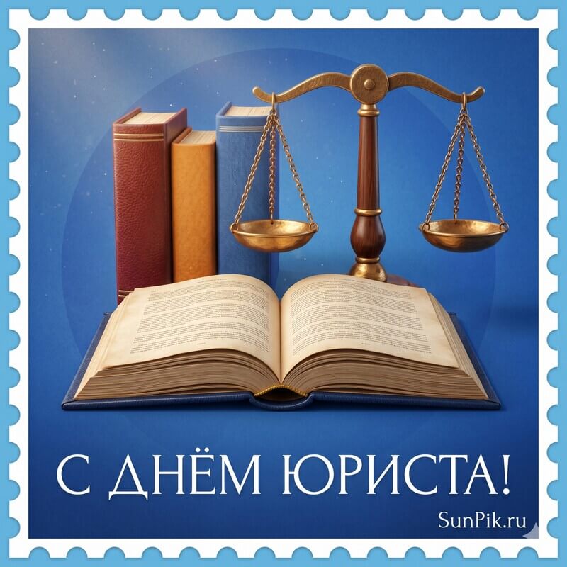 Поздравительная открытка с днём юриста с раскрытой книгой и весами