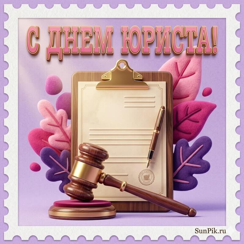 Картинка с днем юриста с молотком судьи и планшетом