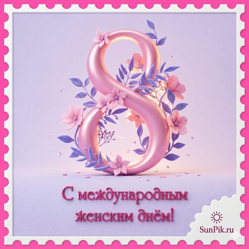 Розовая открытка с международным женским днем 8 марта с цифрой восемь