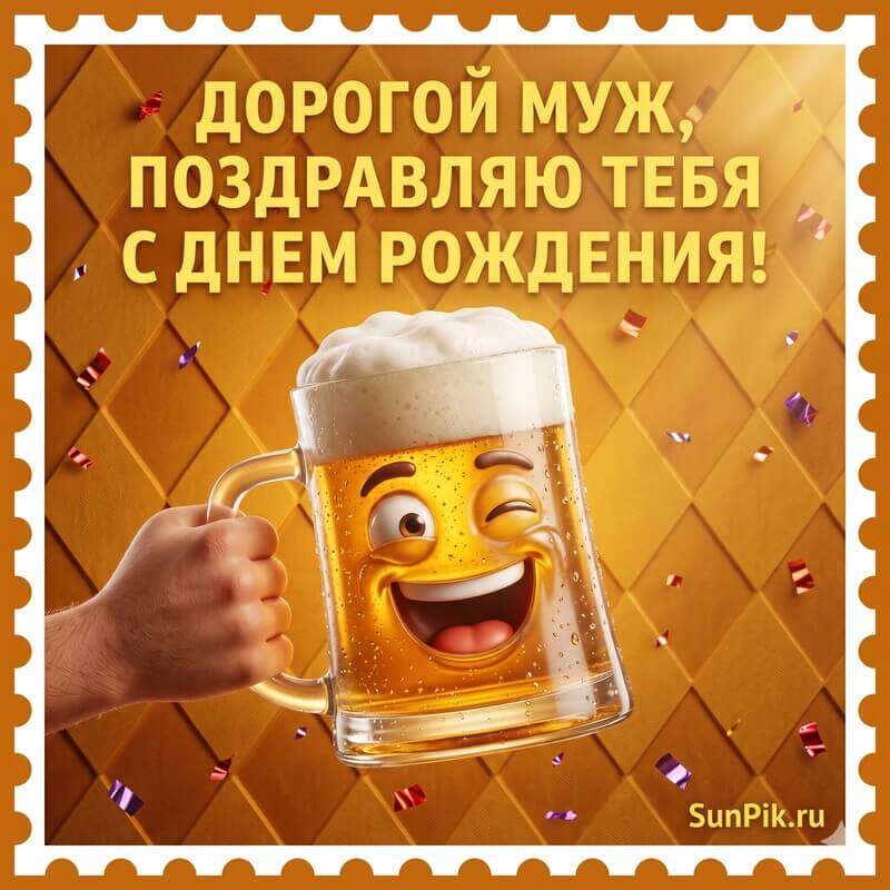 Картинка с днем рождения, дорогой муж со смеющейся пивной кружкой