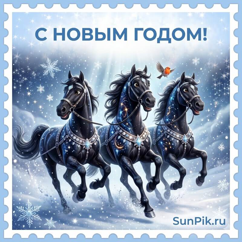 Открытка с тройкой гнедых лошадей и надписью с Новым Годом!