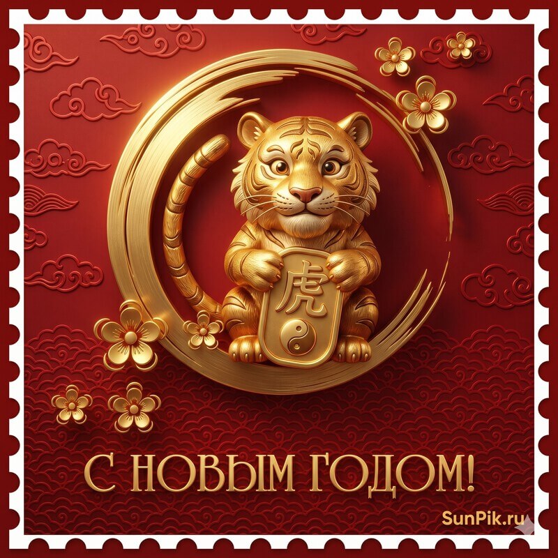 Красная картинка с китайским тигром и золотым текстом с новым годом!
