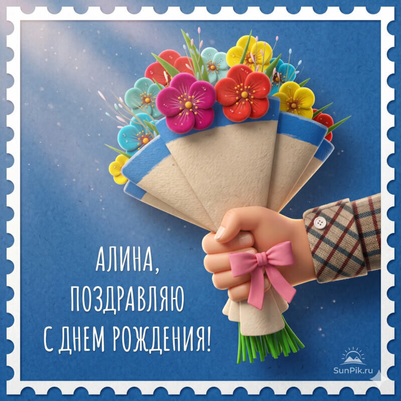 Открытка с днем рождения, Алина с букетом цветов