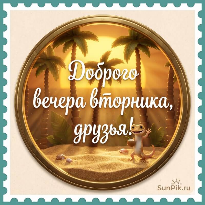 Открытка доброго вечера вторника, друзья с пальмами на закате