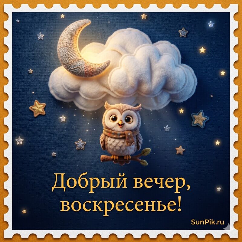 Открытка добрый вечер воскресенье с полумесяцем. совой и облаками на темном небе
