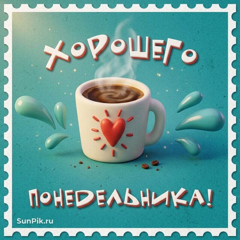 Открытка хорошего понедельника! Голубая открытка хорошего понедельника с кружкой кофе