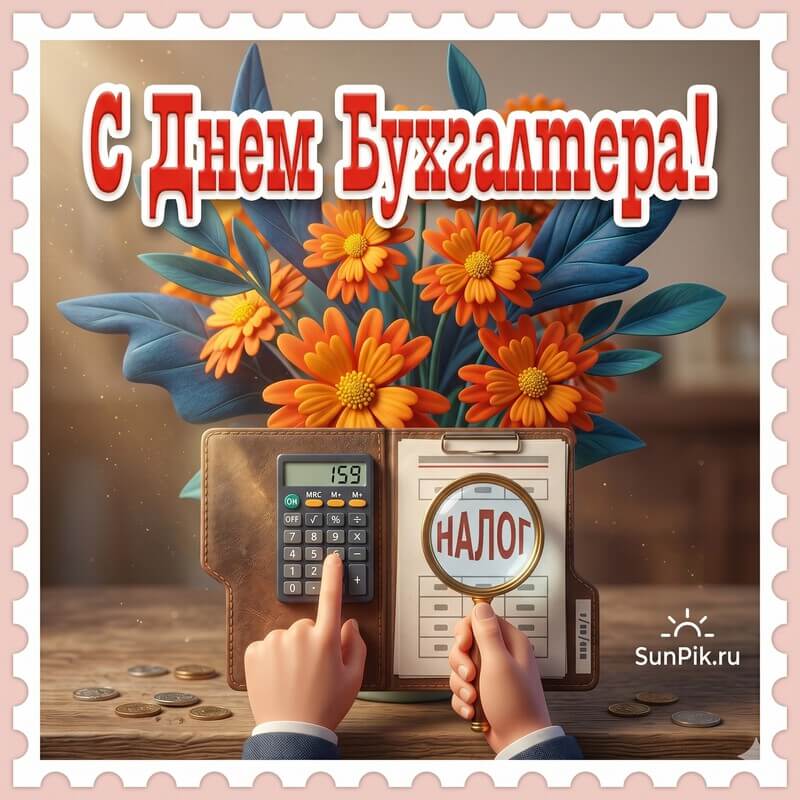 Открытка с днем бухгалтера с калькулятором и цветами