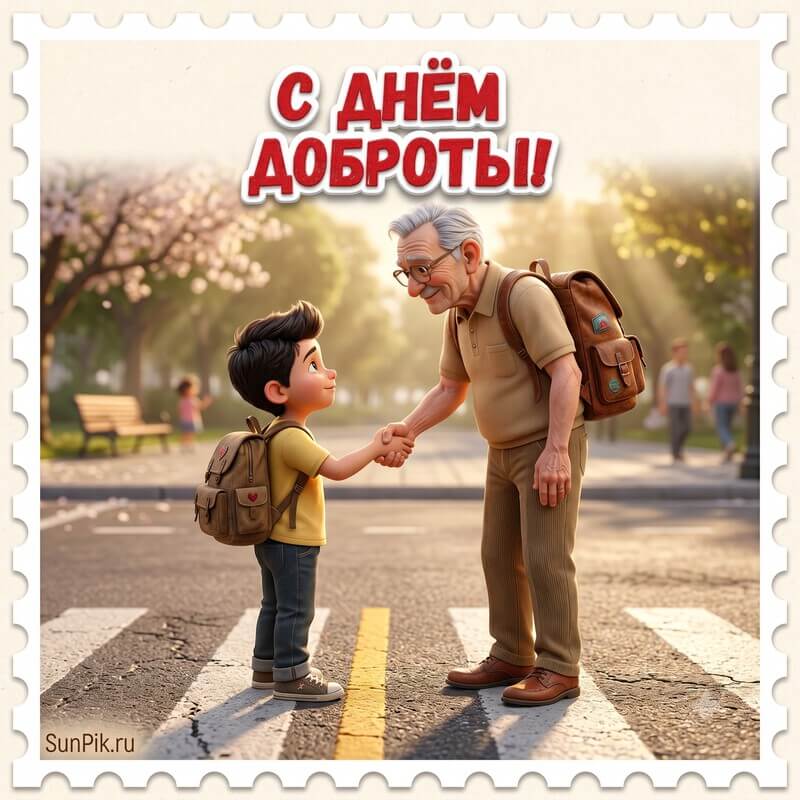 Открытка с днём доброты с мужчиной и мальчиком на дороге