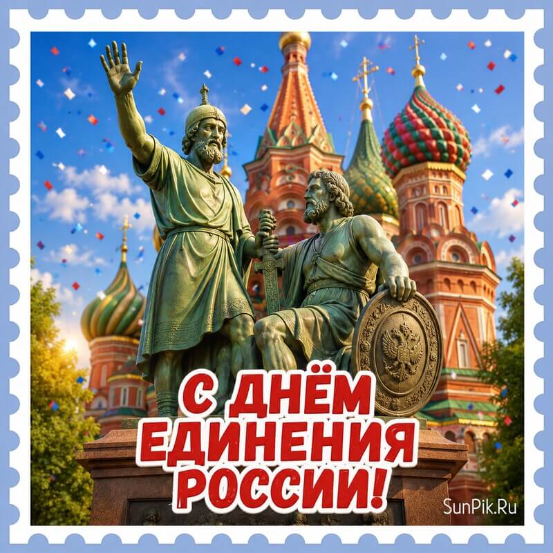 Открытка с днём единения России. с Мининым и Пожарским на фоне храма Василия Блаженного