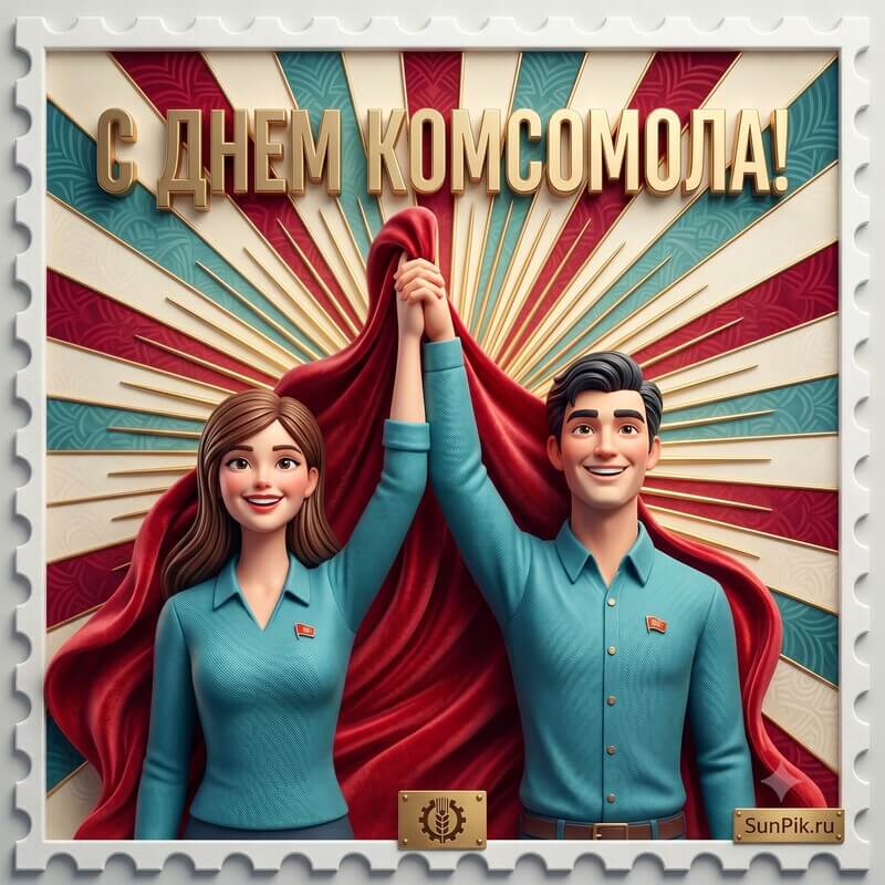 С днём комсомола! Открытка с днем комсомола: девушка и юноша держат красное знамя