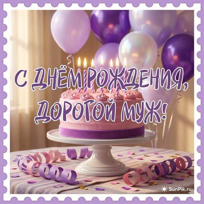 Открытка с днем рождения, дорогой муж с тортом