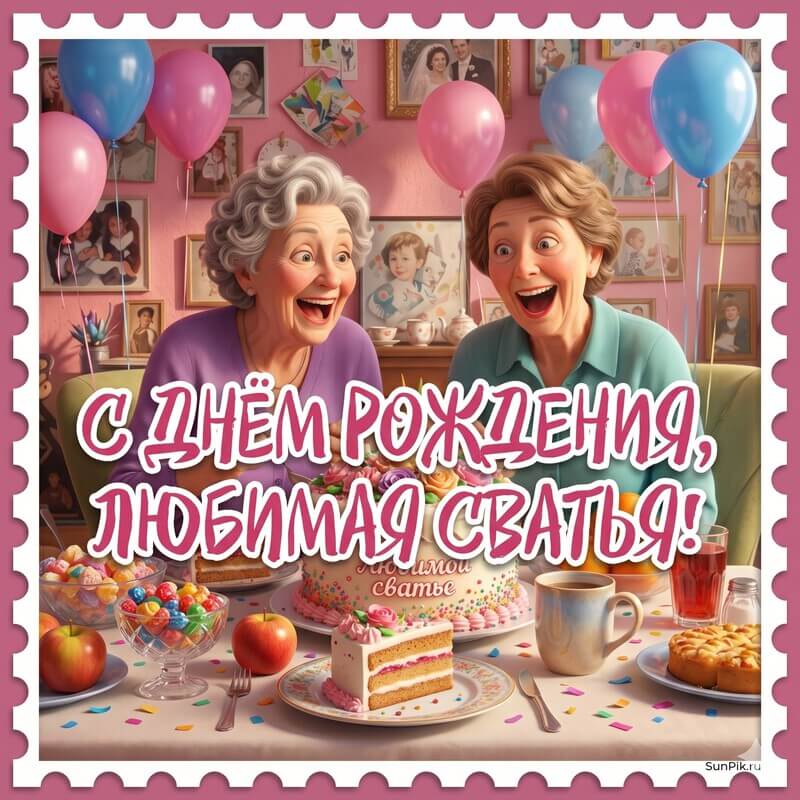 Открытка с днем рождения, любимая сватья с женщинами за праздничным столом