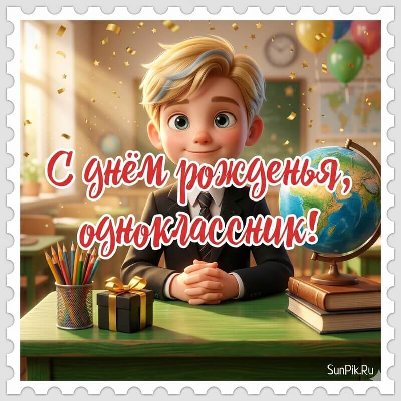 Открытка с днем рождения однокласснику с мальчиком за школьной партой