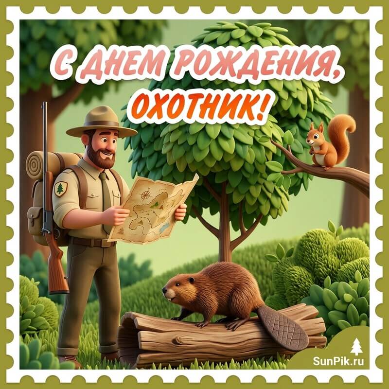 Открытка про охоту мужчина и бобер под надписью с днем рождения, охотник!