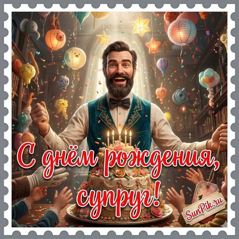 Открытка с мужчиной у торта на день рождения супруга