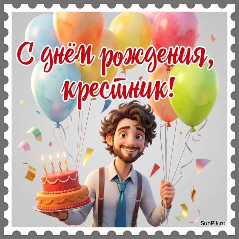 Открытка с днем рождения взрослому крестнику с молодым мужчиной с тортом и воздушными шарами