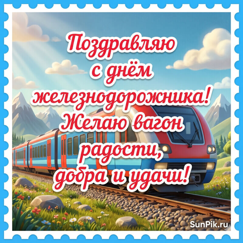 Открытка с поздравлением на день железнодорожника на фоне едущего поезда