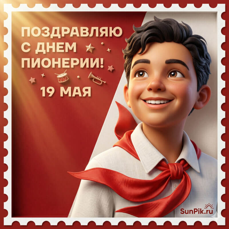 Открытка с Днем Пионерии 19 мая с юношей в красном галстуке