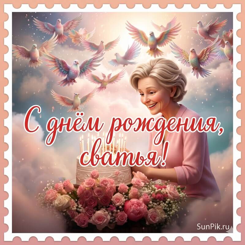 Поздравительная открытка с днем рождения, сватья с женщиной перед тортом