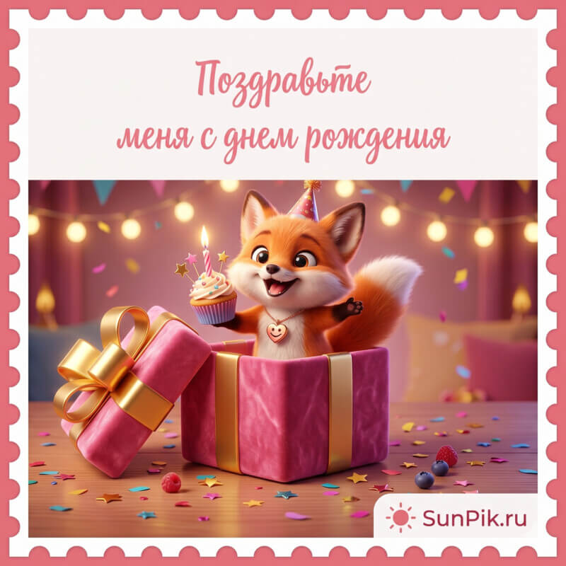 Картинка поздравьте меня с днем рождения с лисой-подарком