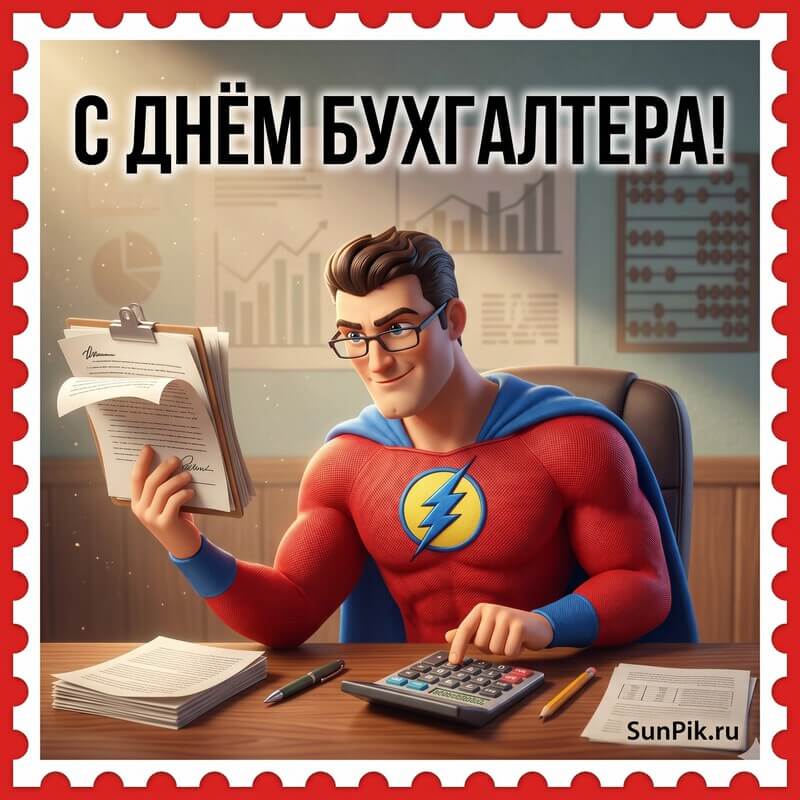 Открытка с днем бухгалтера с мужчиной - супер героем в офисе