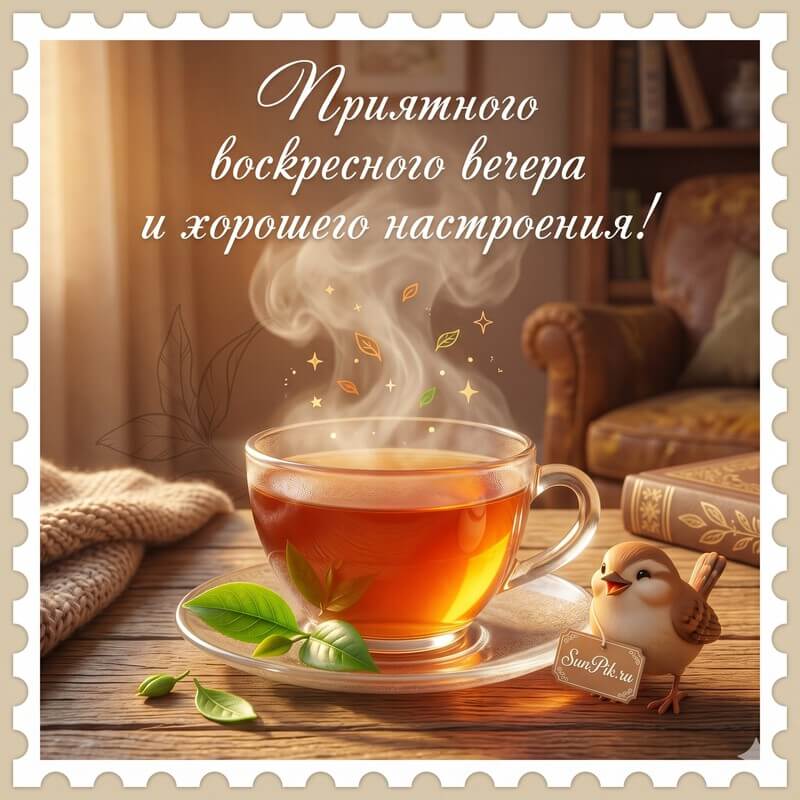 Картинка приятного воскресного вечера с чашкой чая и птицей