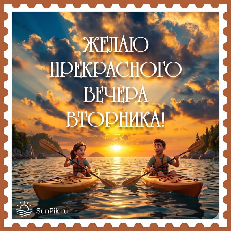 Картинка прекрасного вечера вторника с мужчиной и женщиной плывущими в лодках на закате