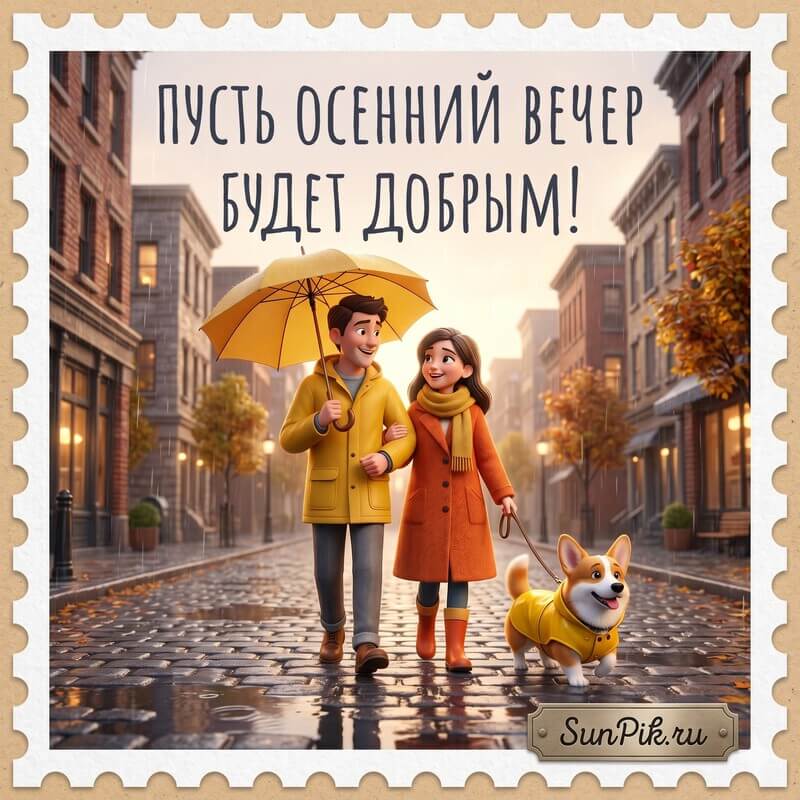 Картинка пусть этот осенний вечер будет добрым с с парнем и девушкой гуляющим под зонтом