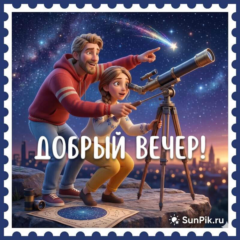 Романтическая открытка добрый вечер с парнем и девушкой смотрящими в телескоп на звёздное небо