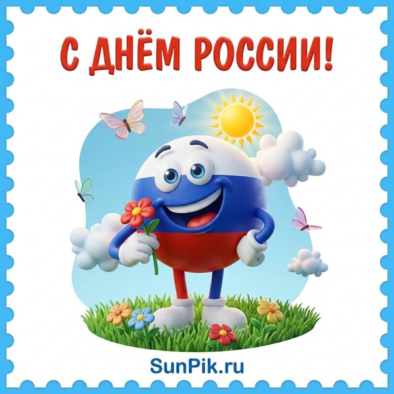 Прикольная открытка с днем России с улыбающимся шаром цветов флага РФ
