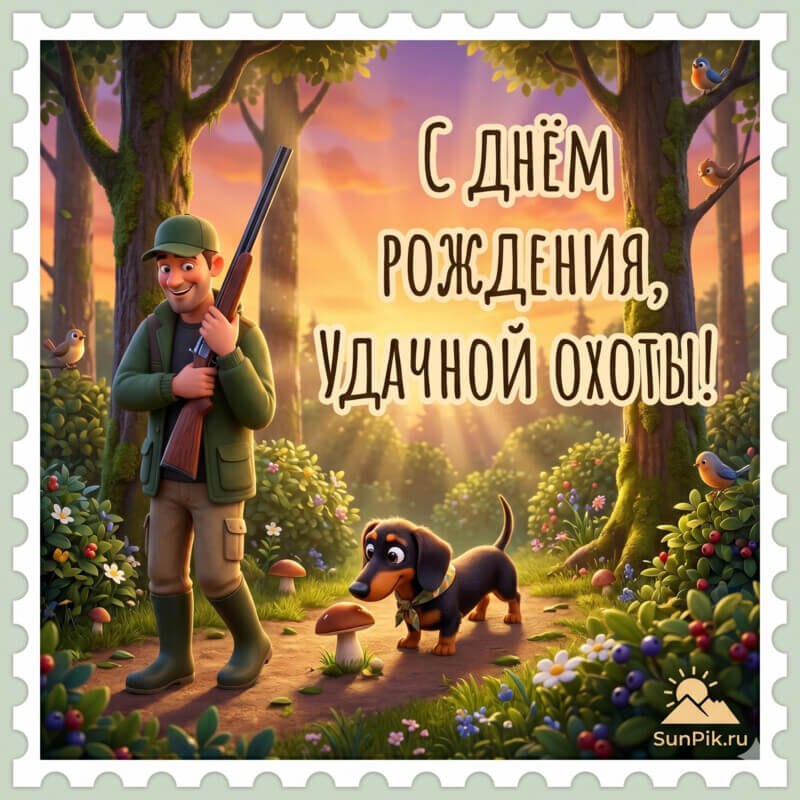 Открытка с днем рождения для охотника с мужчиной и собакой в лесу
