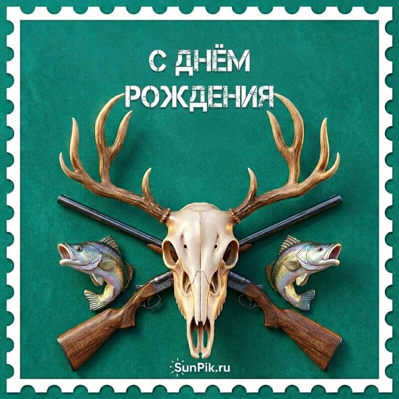 Картинка с днем рождения другу охотнику с ружьями и трофеями