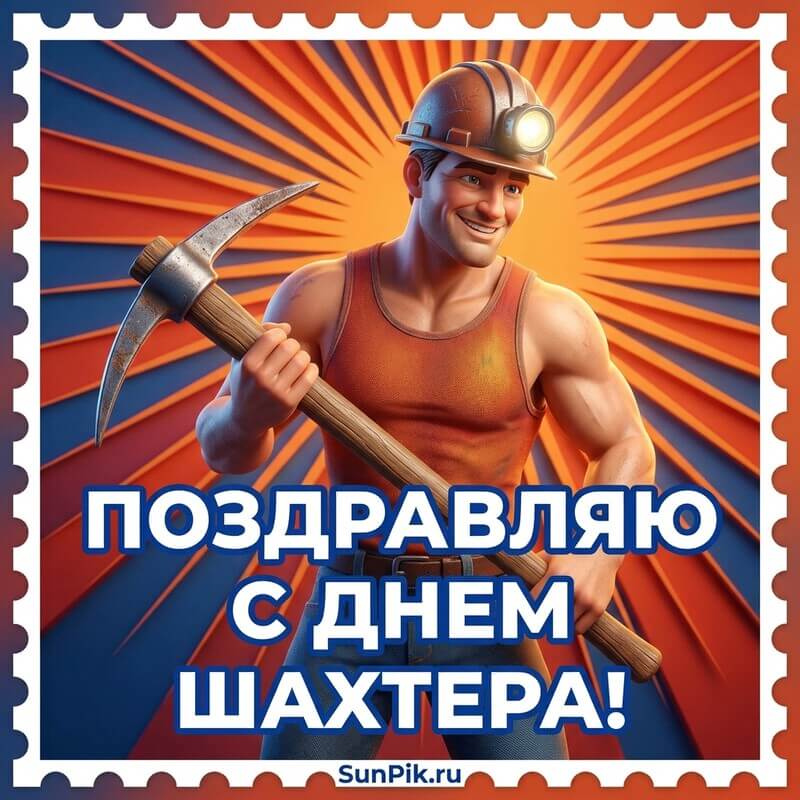 Открытка поздравляю с днем шахтера с рисунком мужчины-горняка